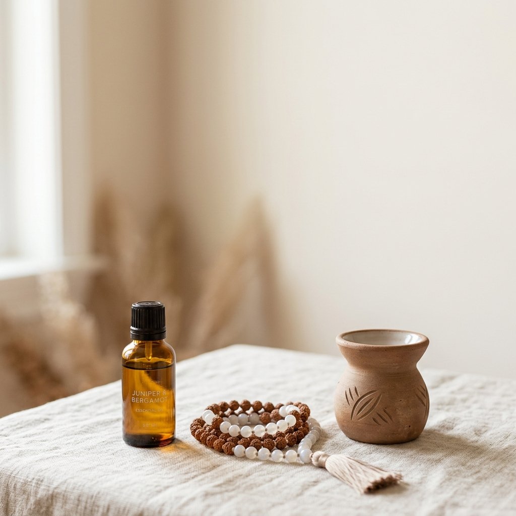 Produtos luxuosos de bem-estar: óleo essencial âmbar, japamala e difusor de argila em fundo limpo e zen